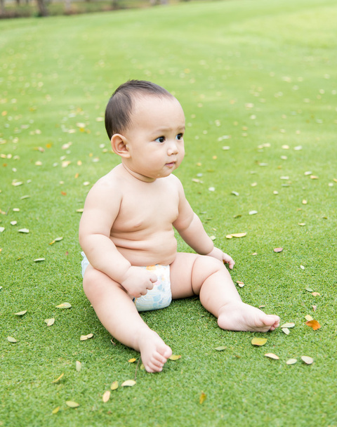Outdoor portrait of Asian baby boy playing sitting and crawling  - Фото, зображення