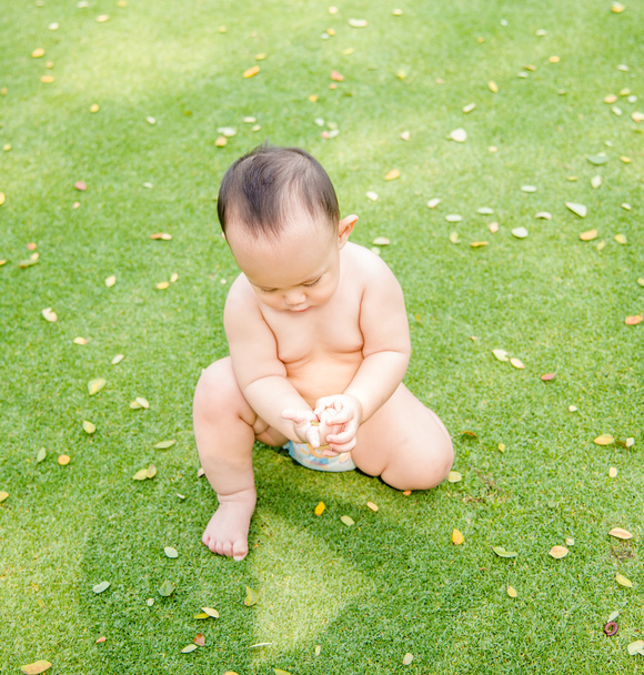 Outdoor portrait of Asian baby boy playing sitting and crawling - Фото, изображение