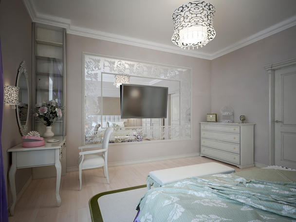 Diseño de dormitorio con paredes beige
 - Foto, imagen