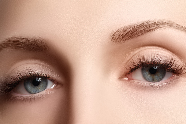 Macro shot of woman's beautiful eye with extremely long eyelashes. Sexy view, sensual look. Female eye with long eyelashes - Photo, Image