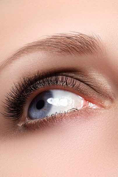 Κομψότητα μεγέθυνση της γυναικείας μάτι με κλασικό σκούρο καφέ καπνιστή make-up. Πυροβολισμό μακρο μέρος πρόσωπο της γυναίκας. Ομορφιάς, καλλυντικά και μακιγιάζ. - Φωτογραφία, εικόνα