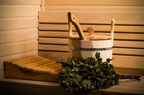 Equipment for sauna in light wooden cozy interior. Toned - Photo, Image