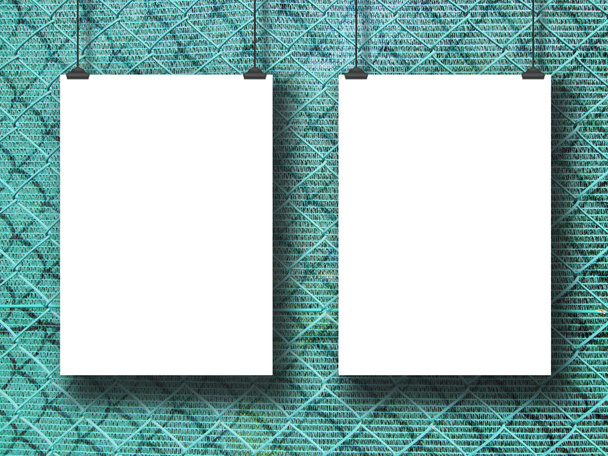 Dwa arkusze papieru powieszony na zielony i metalowego drutu siatki - Zdjęcie, obraz