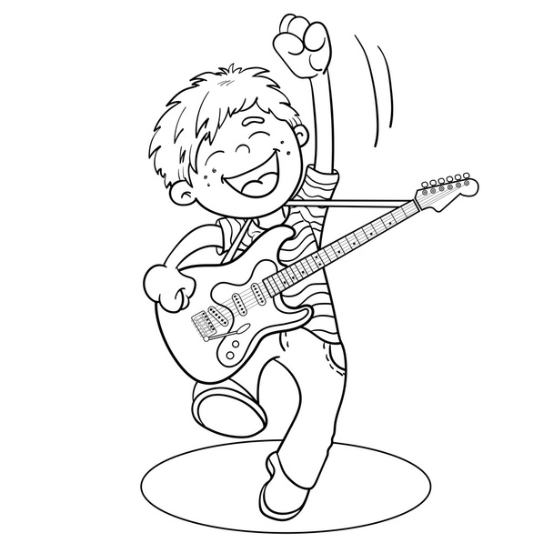 Coloring Page Outline Of a Cartoon Boy with a guitar - Вектор,изображение