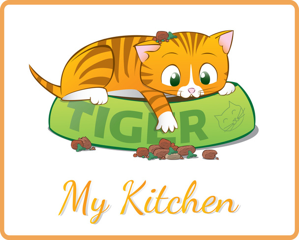 lindo rayas rojo gatito jugando en su alimento bowl
 - Vector, imagen