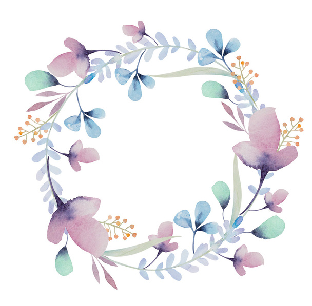 watercolor floral frame. Flowers in wreath. - Fotoğraf, Görsel