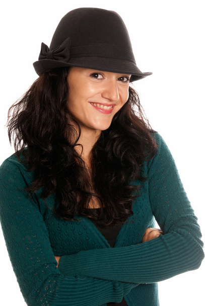 Young beautiful woman with hat arms crossed isolated - Fotoğraf, Görsel