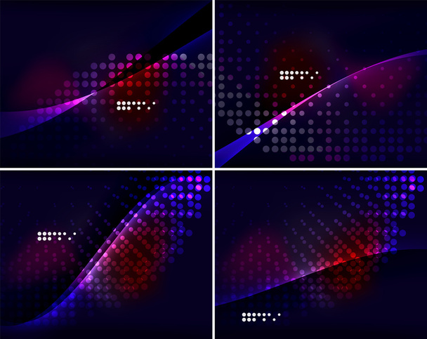 Zusammenstellung abstrakter Hintergründe mit Copyspace. Leuchtende Farbe Neonlicht im dunklen Raum - Vektor, Bild