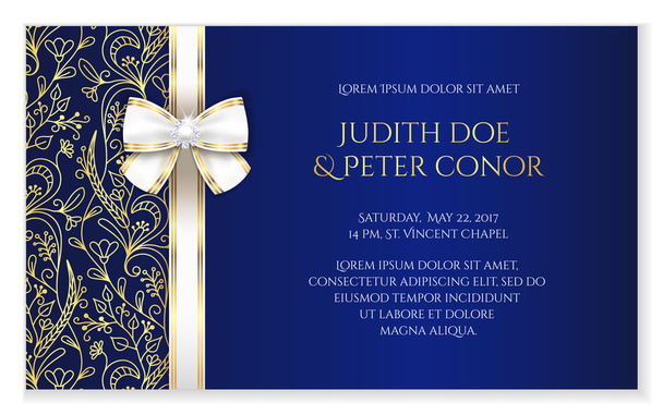 Royal blue romantic wedding announcement with golden floral ornament - Vector, Image