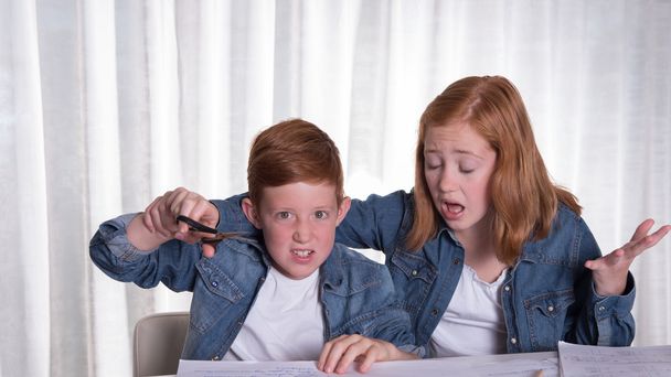 2 人の子供が宿題をやっている腹が立つ - 写真・画像