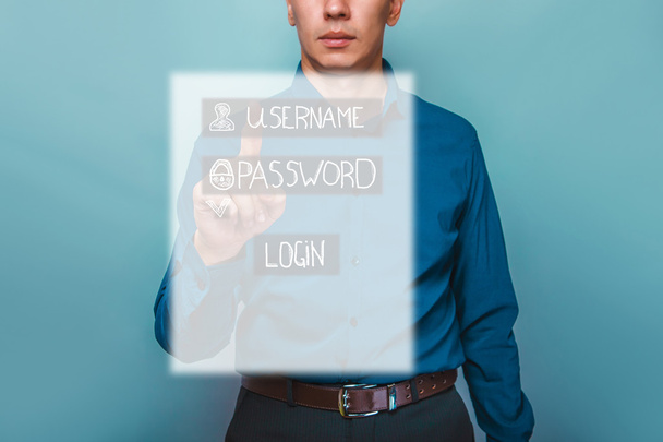 Επιχειρηματίας αρσενικό άνθρωπος αγγίξει δάχτυλο κωδικό σύνδεσης στην ιστοσελίδα Int - Φωτογραφία, εικόνα