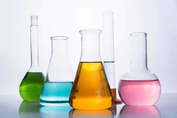 chemistry laboratory equipment, flasks and test tube - Фото, зображення