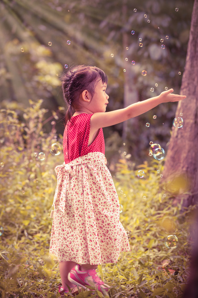 Menina asiática pega bolhas de sabão no fundo da natureza. Ao ar livre
. - Foto, Imagem