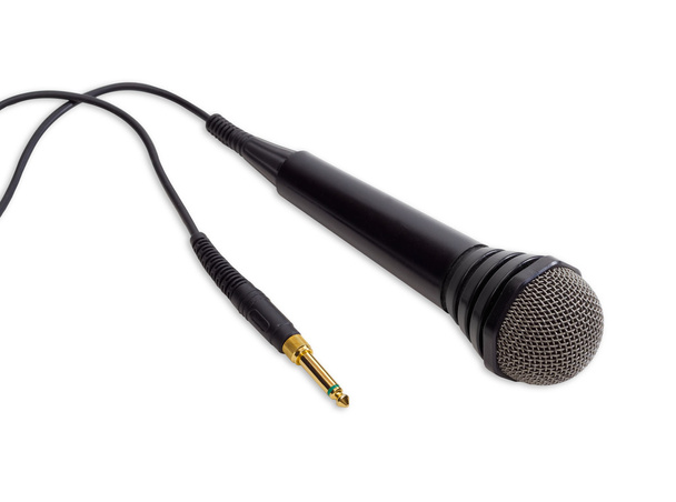 Microfone dinâmico preto em um fundo claro
 - Foto, Imagem