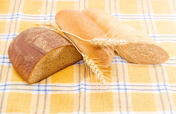 Diferentes tipos de pan y espigas en un mantel a cuadros
 - Foto, Imagen
