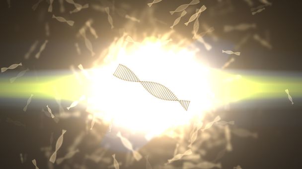 Rotating DNA. DNA randomly flying against the bright light. Many DNA - 写真・画像