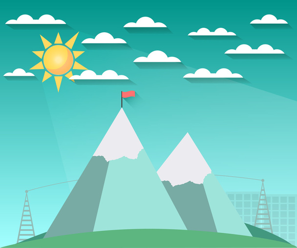 Landscape in a flat style with sun, clouds and mountains. The flag on top. Snow-covered hills. The long shadow. Vector illustration of a sunrise. - Vektor, kép