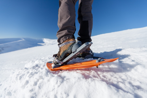 Woman snowshoeing in winter Carpathian mountains - Foto, imagen
