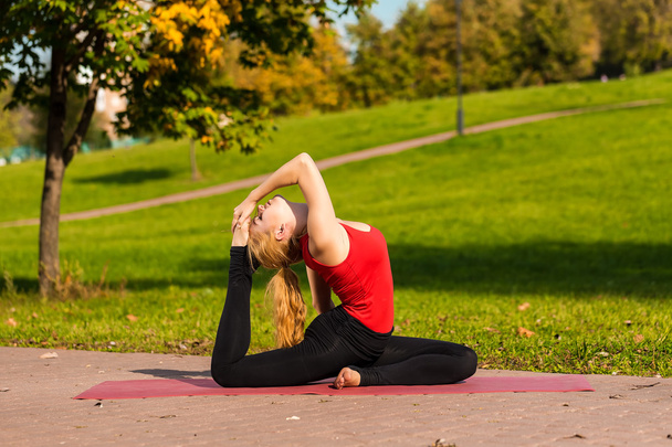 Young beautiful girl is engaged in yoga, outdoors in a park - 写真・画像
