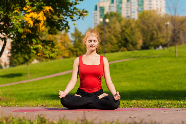 Young beautiful girl is engaged in yoga, outdoors in a park - Foto, afbeelding
