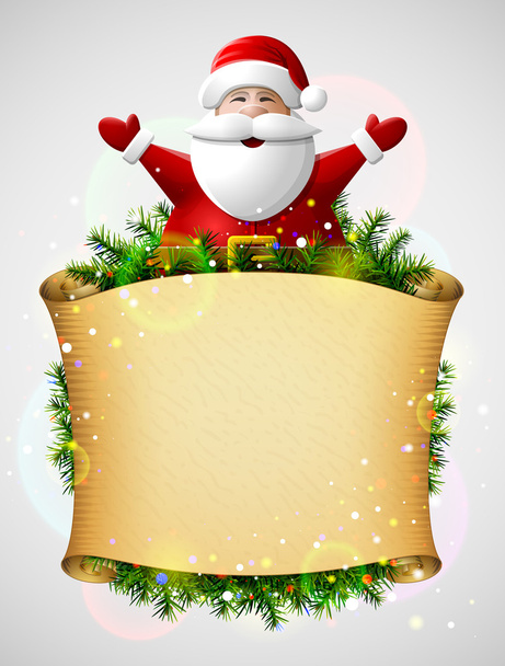 Santa Claus with his hands up above christmas paper scroll - Vector, Image