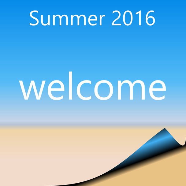 Mavi gökyüzü ve kumlu plaj yaz 2016 soyut sayfası. Sağ sayfa curl alt ile hoş geldiniz - Fotoğraf, Görsel