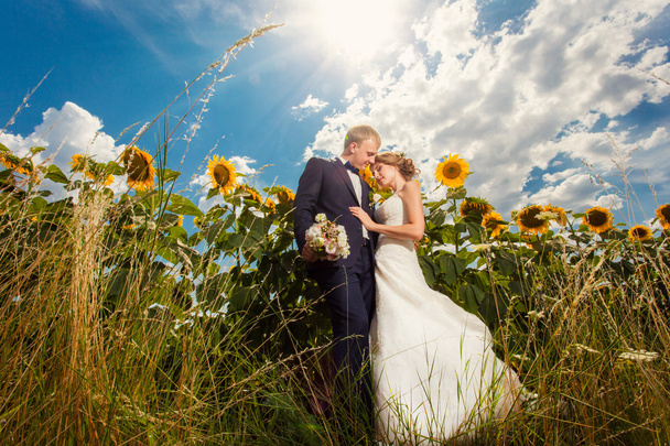 Happy family outdoors in beautiful sunflowers - Photo, Image