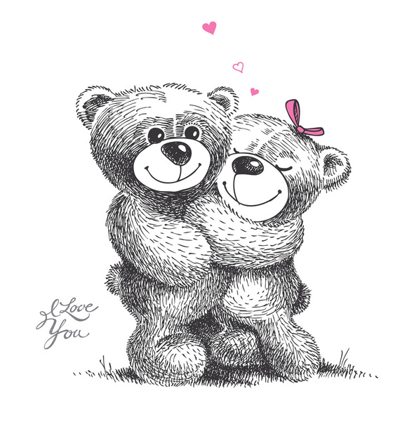 paar knuffelen teddy beren met kleine harten. hand getrokken illu - Vector, afbeelding