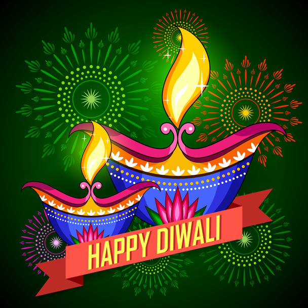 Šťastný Diwali pozadí s diya a ohňostroj - Vektor, obrázek
