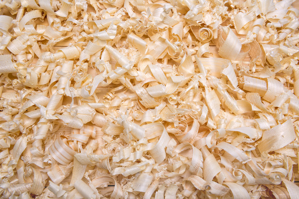 spiral shavings scattered on pine boards - Photo, Image