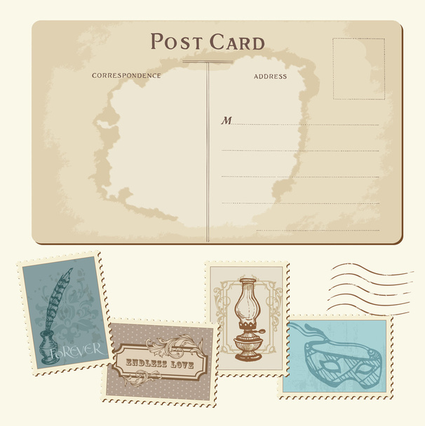 Vintage Postcard and Postage Stamps - for wedding design, invita - Vector, afbeelding