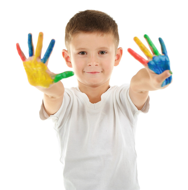 Petit garçon avec les mains dans la peinture
 - Photo, image