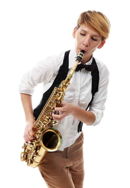 woman professionally plays jazz on saxophone - Foto, Bild