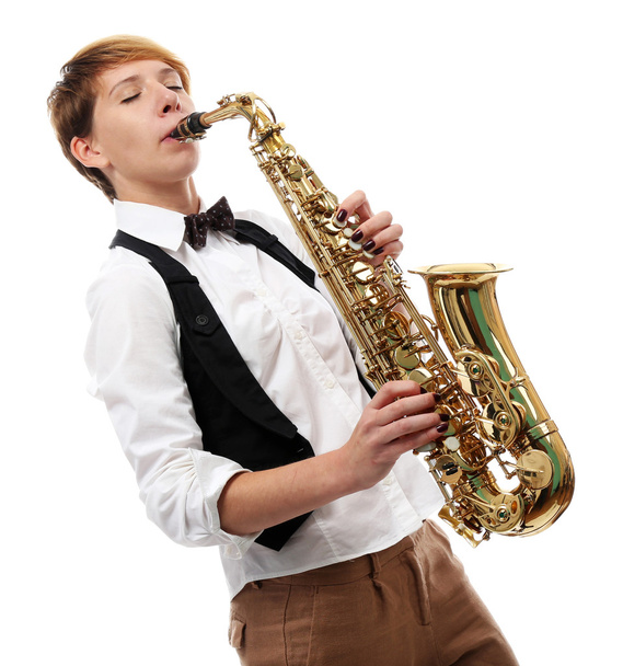 woman professionally plays jazz on saxophone - Fotografie, Obrázek