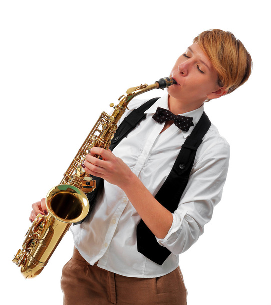 woman professionally plays jazz on saxophone - Foto, immagini