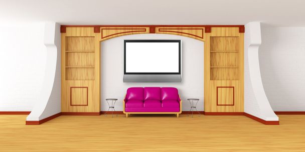 Книжкова шафа з фіолетовим диваном, металевими столами та РК-телевізором в сучасному
 - Фото, зображення