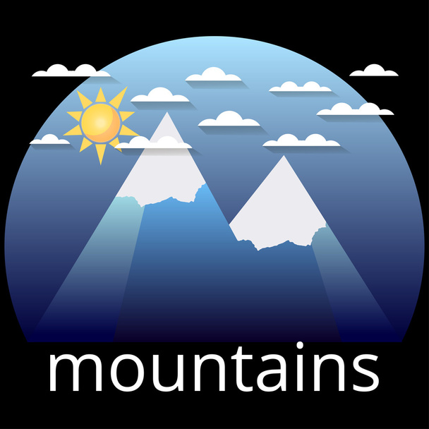 Schneebedeckte Berggipfel, Logo, Etikett. Sonne, Wolken und zwei Gipfel vor blauem Hintergrund. Vektorillustration. - Vektor, Bild