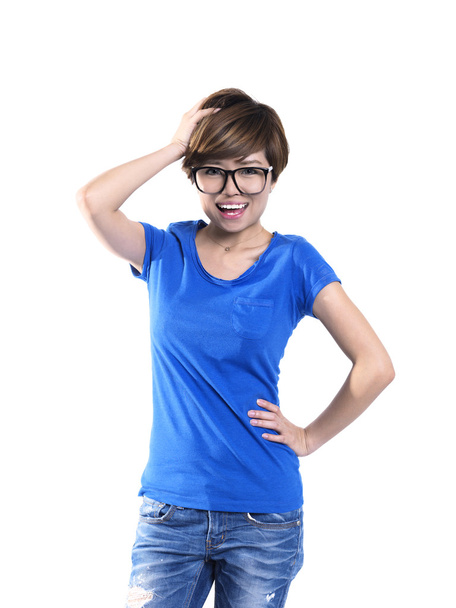 Tomboy Aziatische Chinees meisje op zoek in blauw - Foto, afbeelding