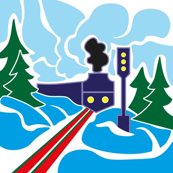 Старый поезд и зимний пейзаж
 - Вектор,изображение