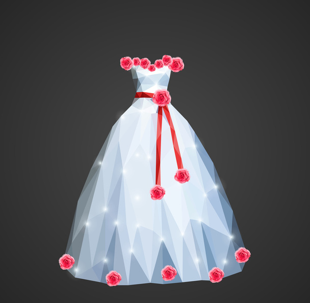 polygonales Hochzeitskleid mit glänzenden Pailletten und roter Schärpe und - Vektor, Bild