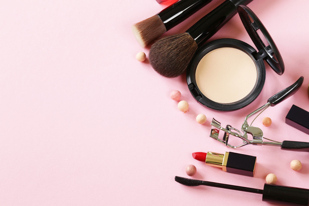 cosmetics set for make-up (face powder, lipstick, mascara brush) - Zdjęcie, obraz