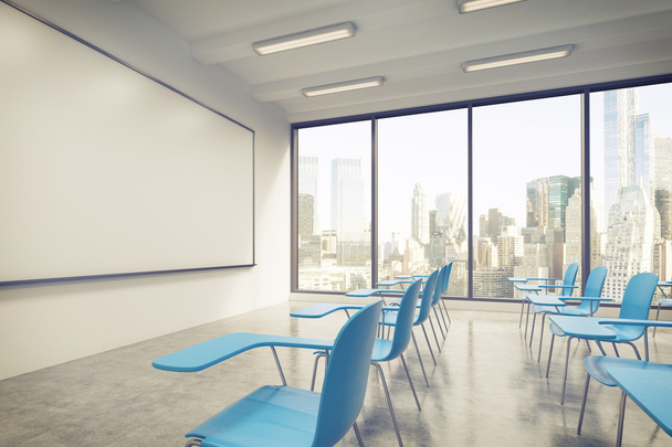 A classroom or presentation room in a modern university or fancy office. Blue chairs, a whiteboard on the wall and panoramic windows with New York view. 3D rendering. Toned image. - Zdjęcie, obraz