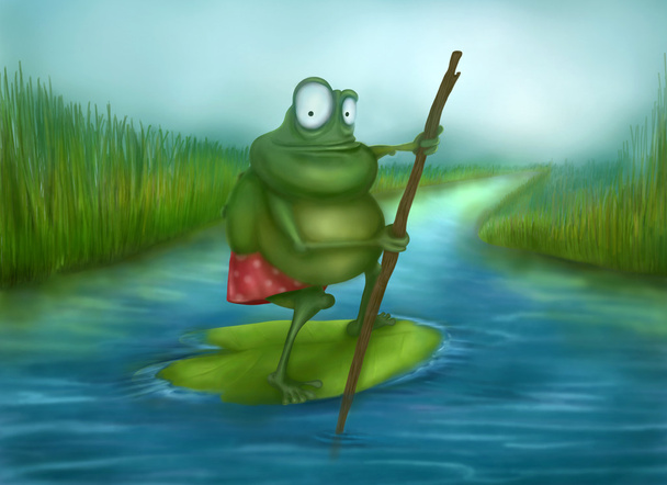 der Frosch der Reisende schwimmt den Fluss hinunter auf einem Lotusblatt - Foto, Bild