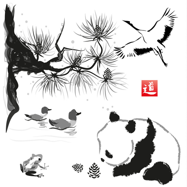 Karte mit Zeder im Vogel und Pandabär - Vektor, Bild