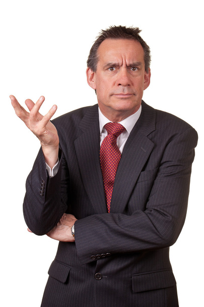 θυμωμένος επιχειρηματίας στο κοστούμι αύξηση χέρι στην ενόχληση - Φωτογραφία, εικόνα