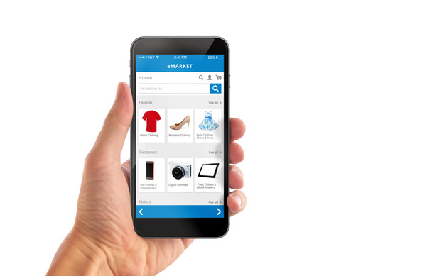 Chytrý telefon online nakupování v rukou člověka, samostatný - Fotografie, Obrázek