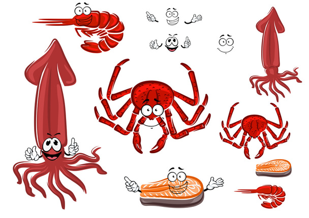 Rab rojo, camarones, filete de salmón y calamares
 - Vector, Imagen