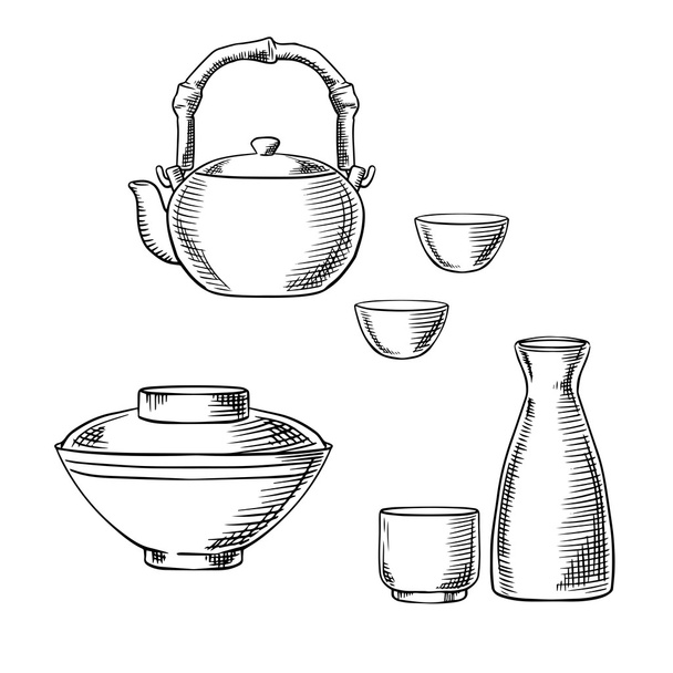 Japanese ceramic tableware sketch icons - Διάνυσμα, εικόνα