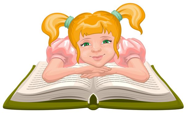 Girl reading book. Child sits in front of an open book - Vector, Image