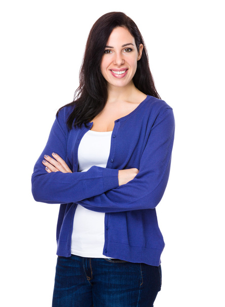 Young caucasian woman in blue cardigan - Фото, зображення